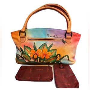 Anuschka Leather Hand Painted Butterflies and Flowers Top Handle Purse